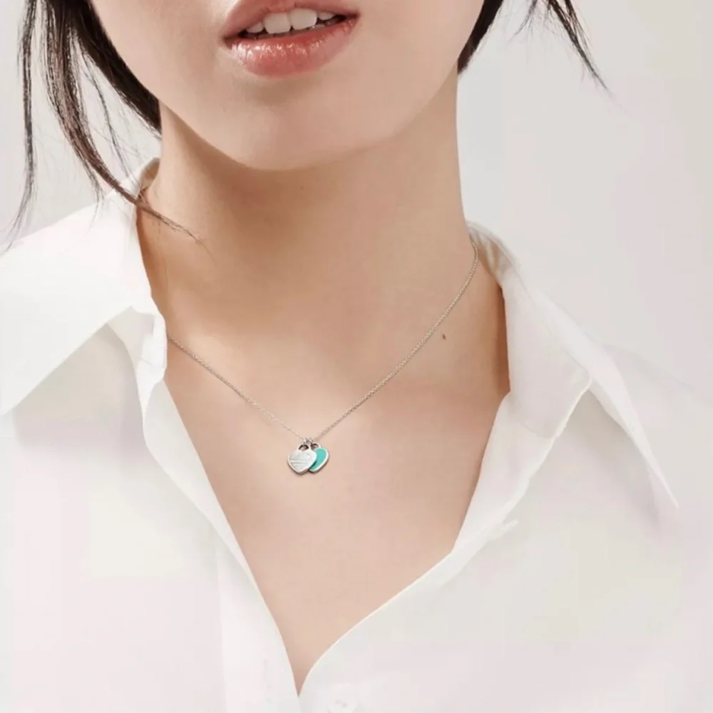 Tiffany and Co double heart in silver and teal enamel small size - Picture 1 of 4